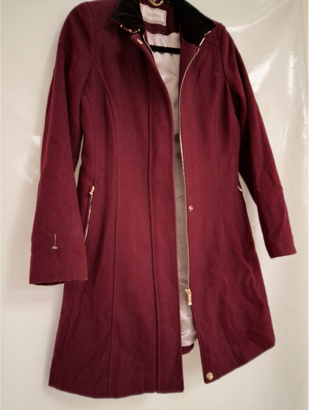 Calvin Klein Burgundy Wool Blend Women's Coat with Velvet Collar, Size XS - Picture 3 of 6